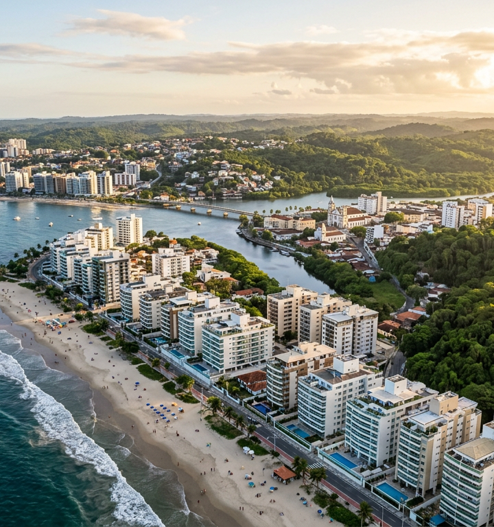 Vista panorâmica de Ilhéus com foco em áreas residenciais e terrenos disponíveis para investimento.