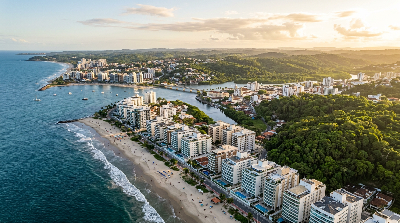 Vista panorâmica de Ilhéus com foco em áreas residenciais e terrenos disponíveis para investimento.