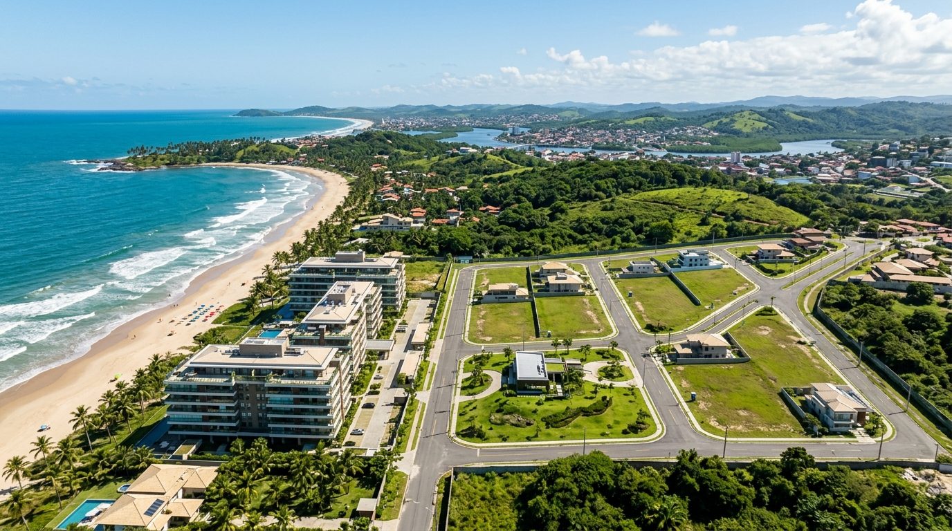 Vista aérea de Ilhéus mostrando opções de apartamentos e terrenos para investimento.