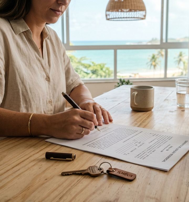 Assinatura de contrato de aluguel com chave de imóvel sobre a mesa