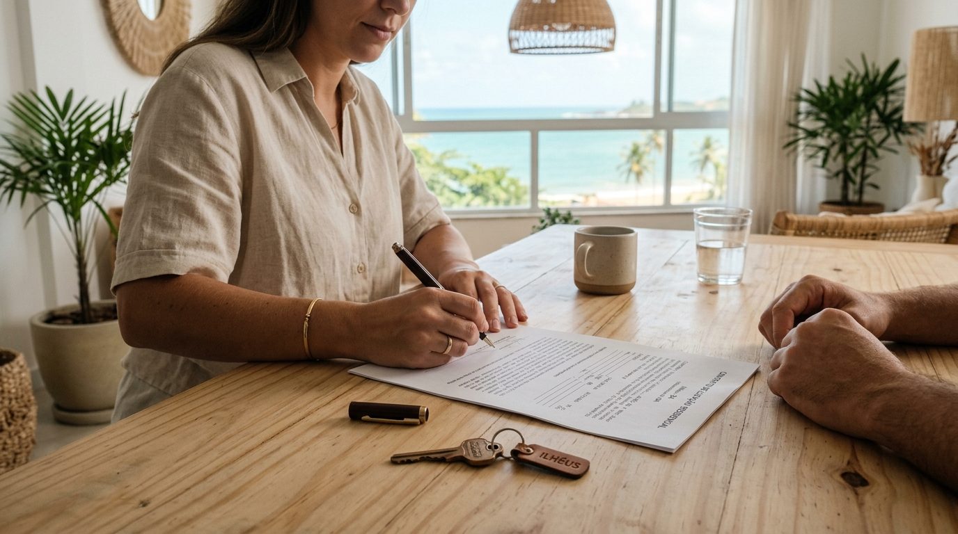 Assinatura de contrato de aluguel com chave de imóvel sobre a mesa