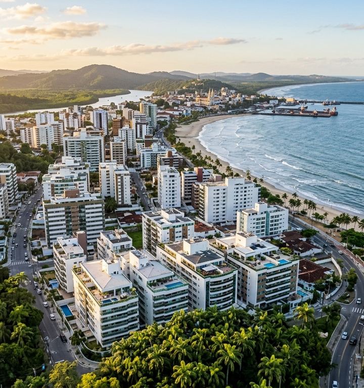 Vista aérea da costa de Ilhéus com foco em áreas residenciais
