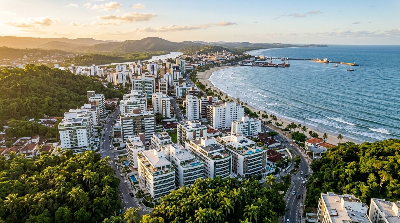 Vista aérea da costa de Ilhéus com foco em áreas residenciais