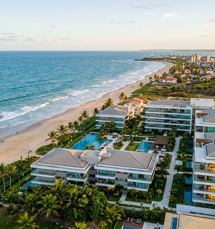 Vista aérea de empreendimento imobiliário na orla de Ilhéus, Bahia.