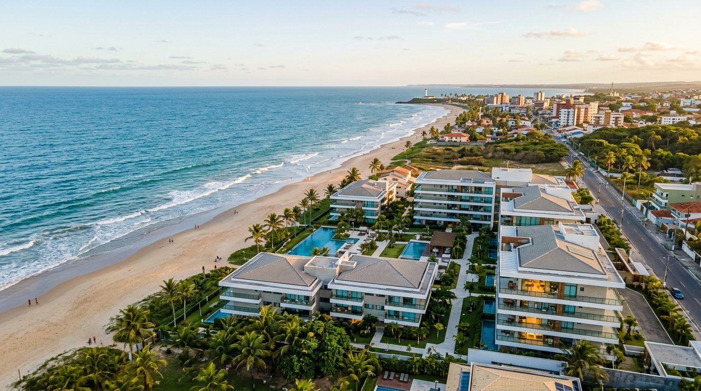 Vista aérea de empreendimento imobiliário na orla de Ilhéus, Bahia.