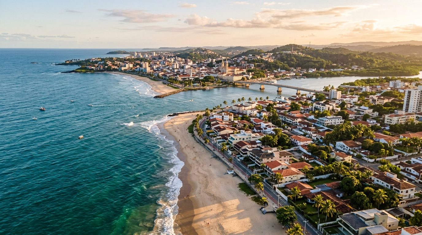 Vista panorâmica de Ilhéus, Bahia, destacando o litoral e áreas residenciais.