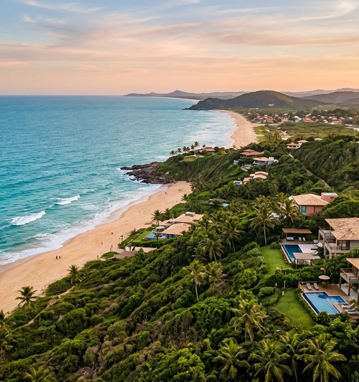 Vista aérea da costa de Olivença em Ilhéus, Bahia, destacando a integração entre natureza e imóveis residenciais.