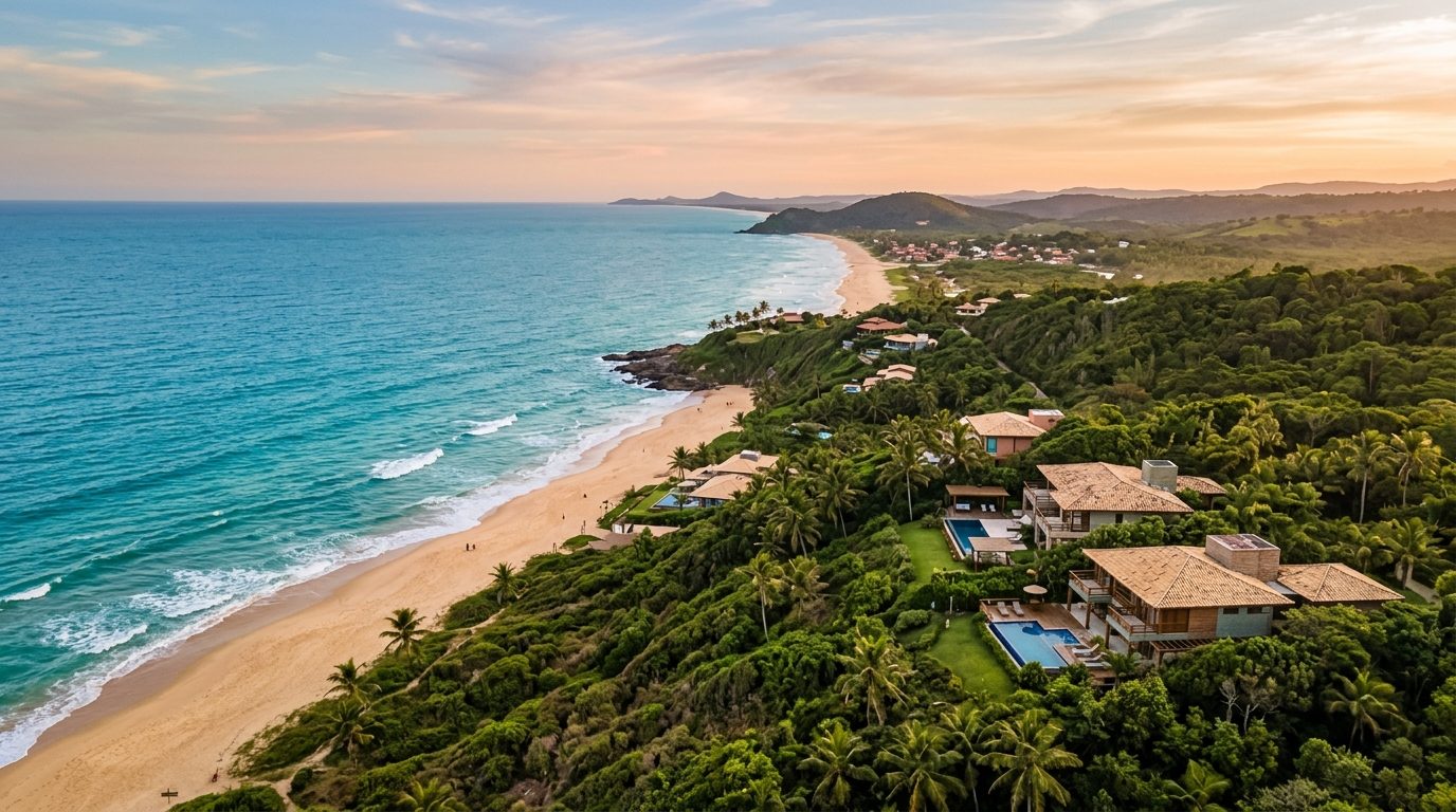 Vista aérea da costa de Olivença em Ilhéus, Bahia, destacando a integração entre natureza e imóveis residenciais.