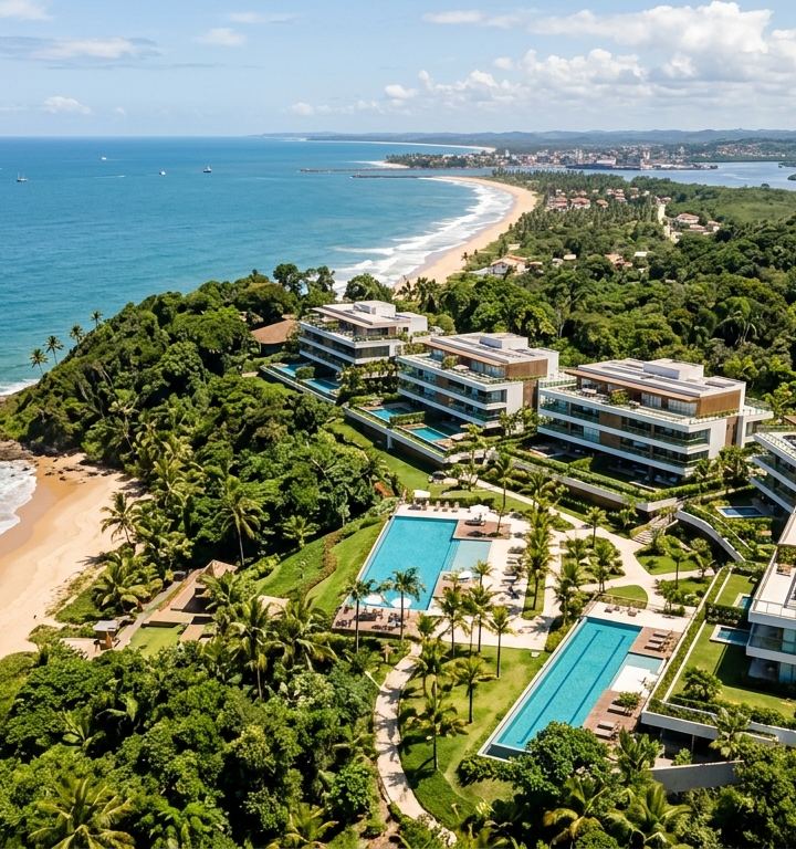 Vista de condomínio em Ilhéus com paisagem litorânea