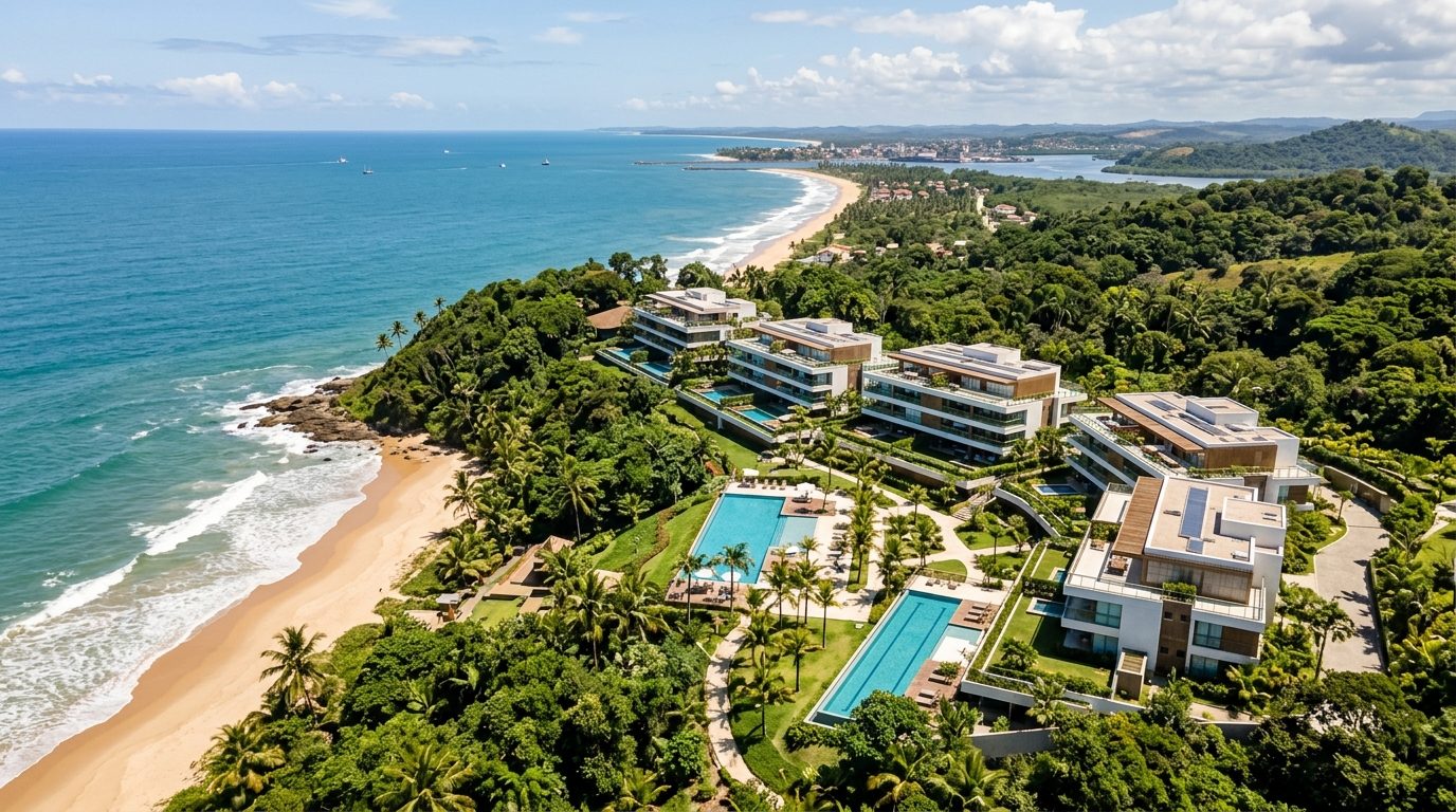 Vista de condomínio em Ilhéus com paisagem litorânea