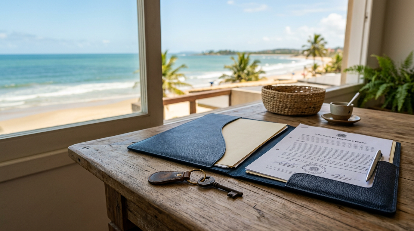 Documentos de imóvel e chaves sobre uma mesa com vista para o litoral de Ilhéus