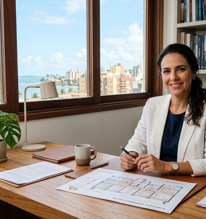 Documentos imobiliários sobre uma mesa com vista para o litoral de Ilhéus