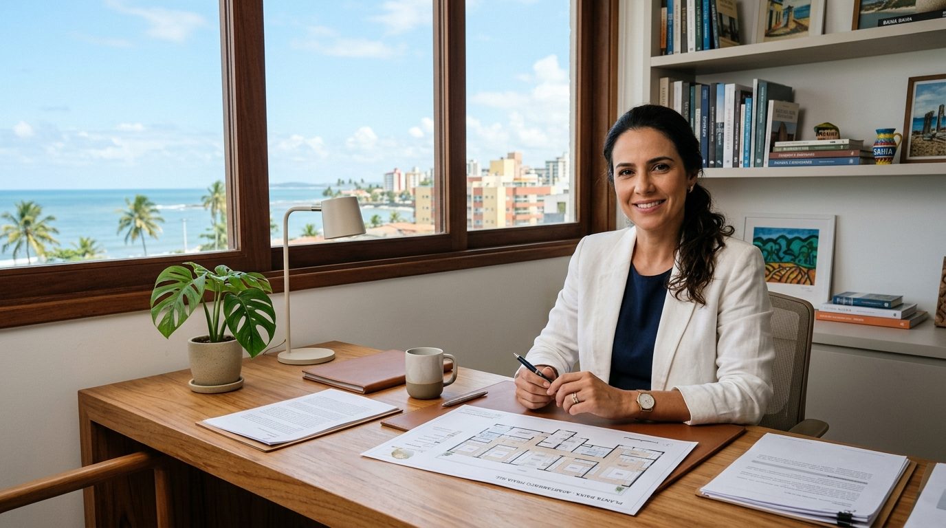 Documentos imobiliários sobre uma mesa com vista para o litoral de Ilhéus