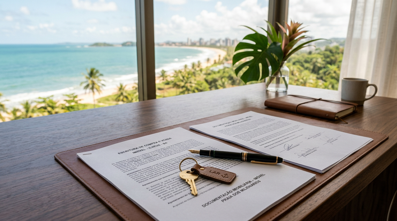 Documentos imobiliários organizados para venda de imóvel em Ilhéus