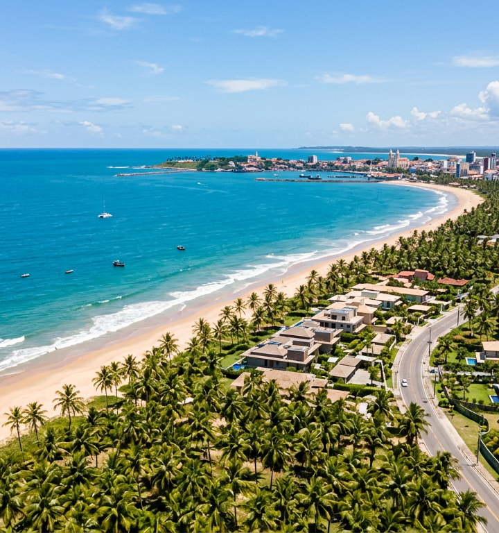Vista panorâmica da orla de Ilhéus com mar e vegetação