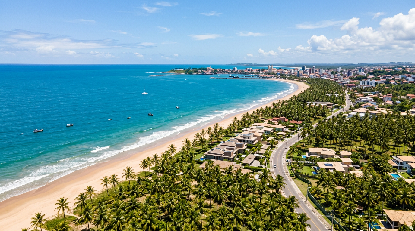Vista panorâmica da orla de Ilhéus com mar e vegetação