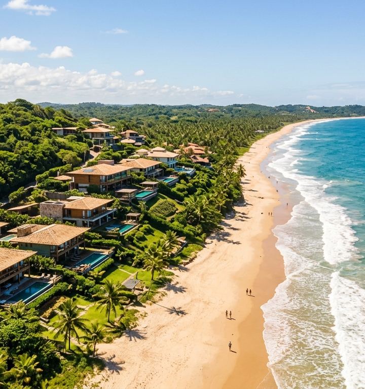 Vista aérea do litoral de Ilhéus com imóveis próximos à praia.