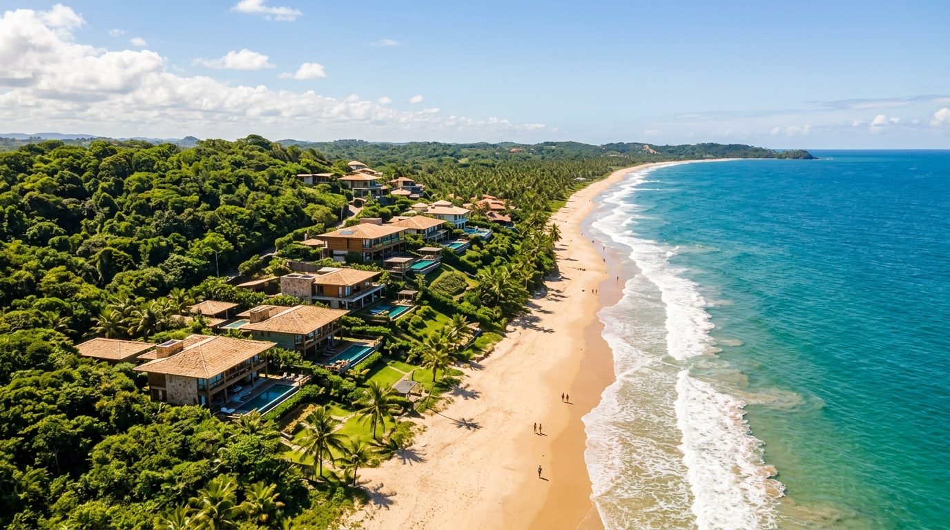 Vista aérea do litoral de Ilhéus com imóveis próximos à praia.