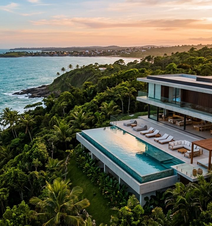 Residência de alto padrão em Ilhéus com vista para o mar e arquitetura moderna.