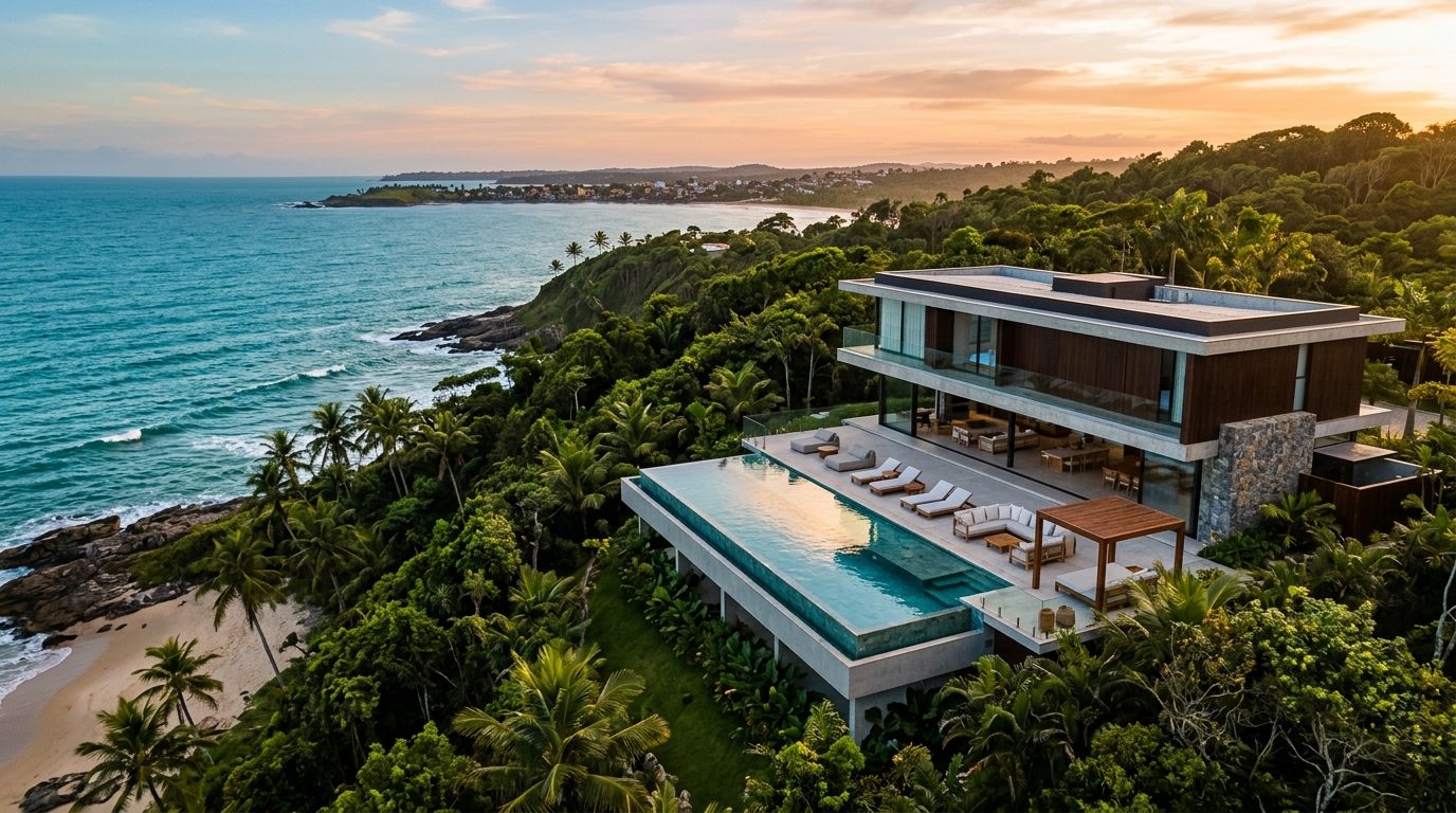 Residência de alto padrão em Ilhéus com vista para o mar e arquitetura moderna.