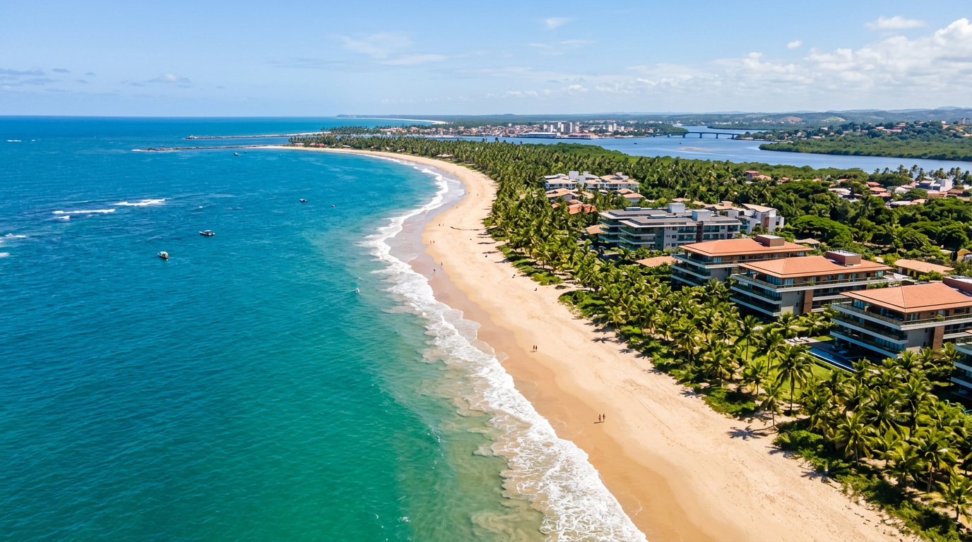 Vista aérea da costa de Ilhéus com foco em áreas residenciais próximas à praia.