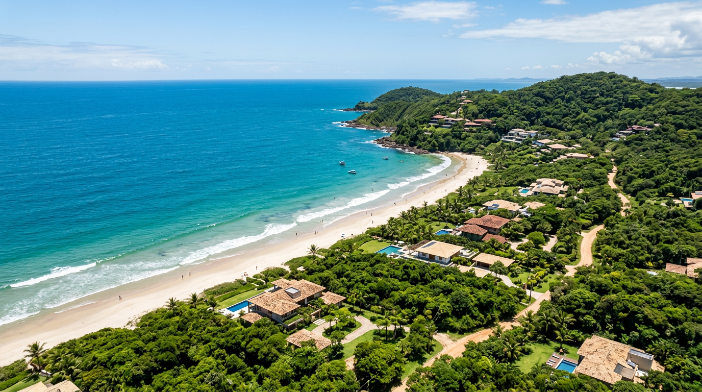 Vista aérea do litoral norte de Ilhéus com condomínios e natureza preservada.