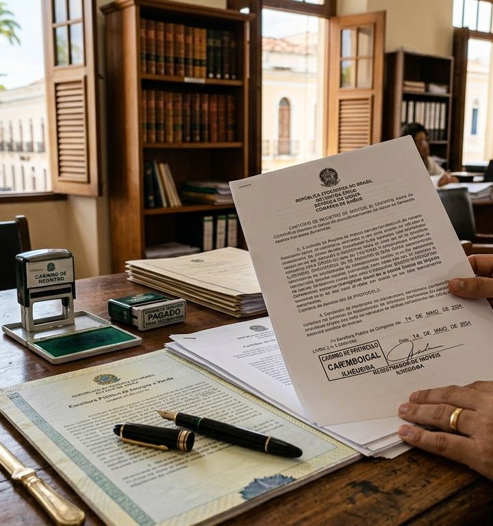 Documentos de cartório representando a regularização de um imóvel.