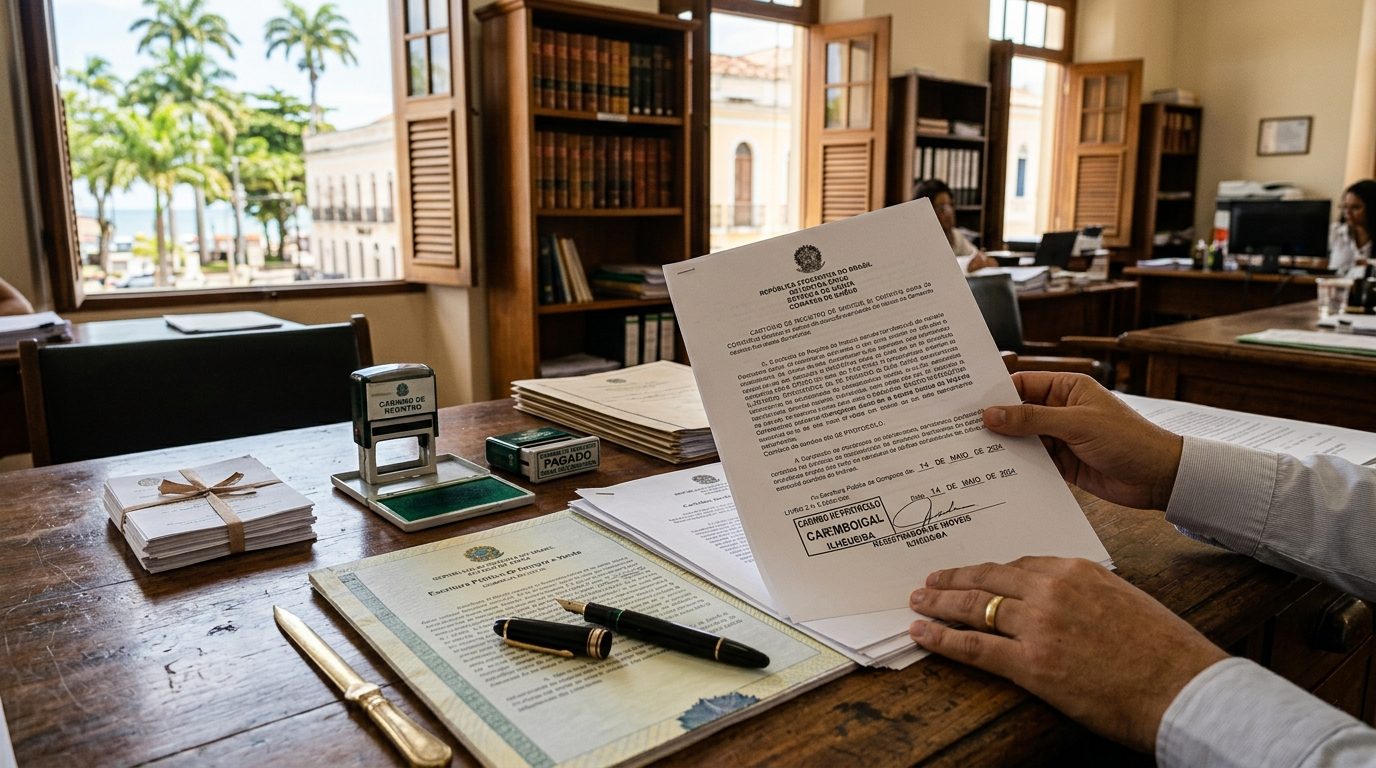 Documentos de cartório representando a regularização de um imóvel.