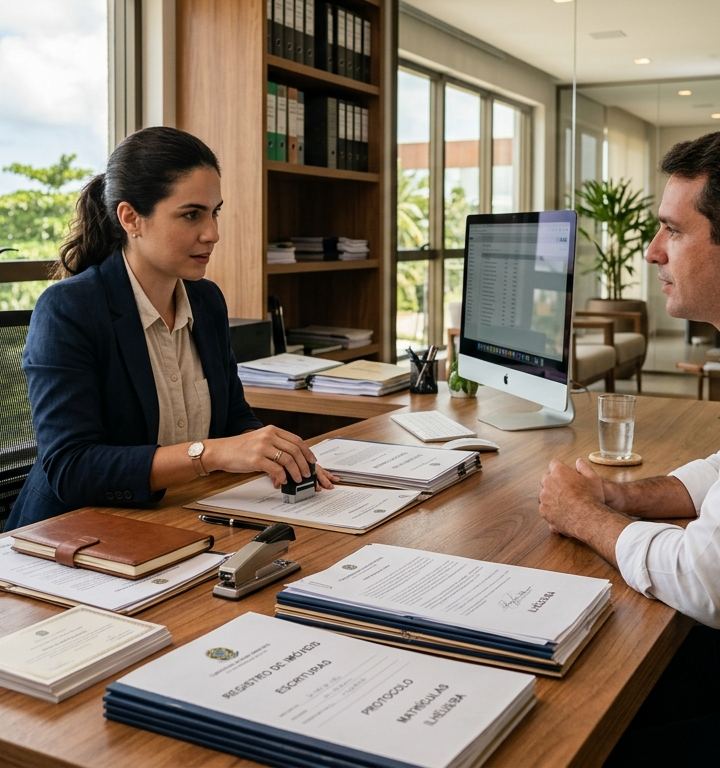 Documentos imobiliários organizados em uma mesa de cartório, representando a regularização de propriedades.