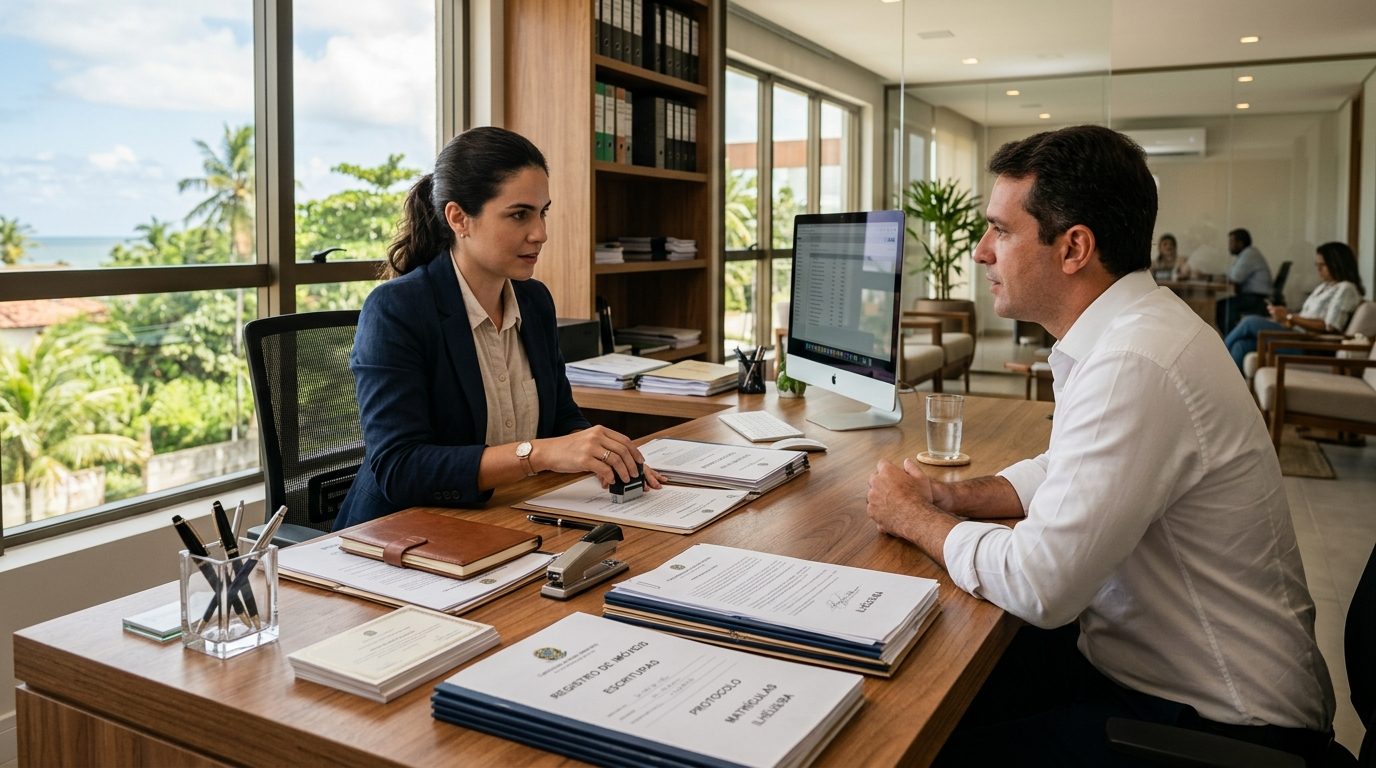 Documentos imobiliários organizados em uma mesa de cartório, representando a regularização de propriedades.