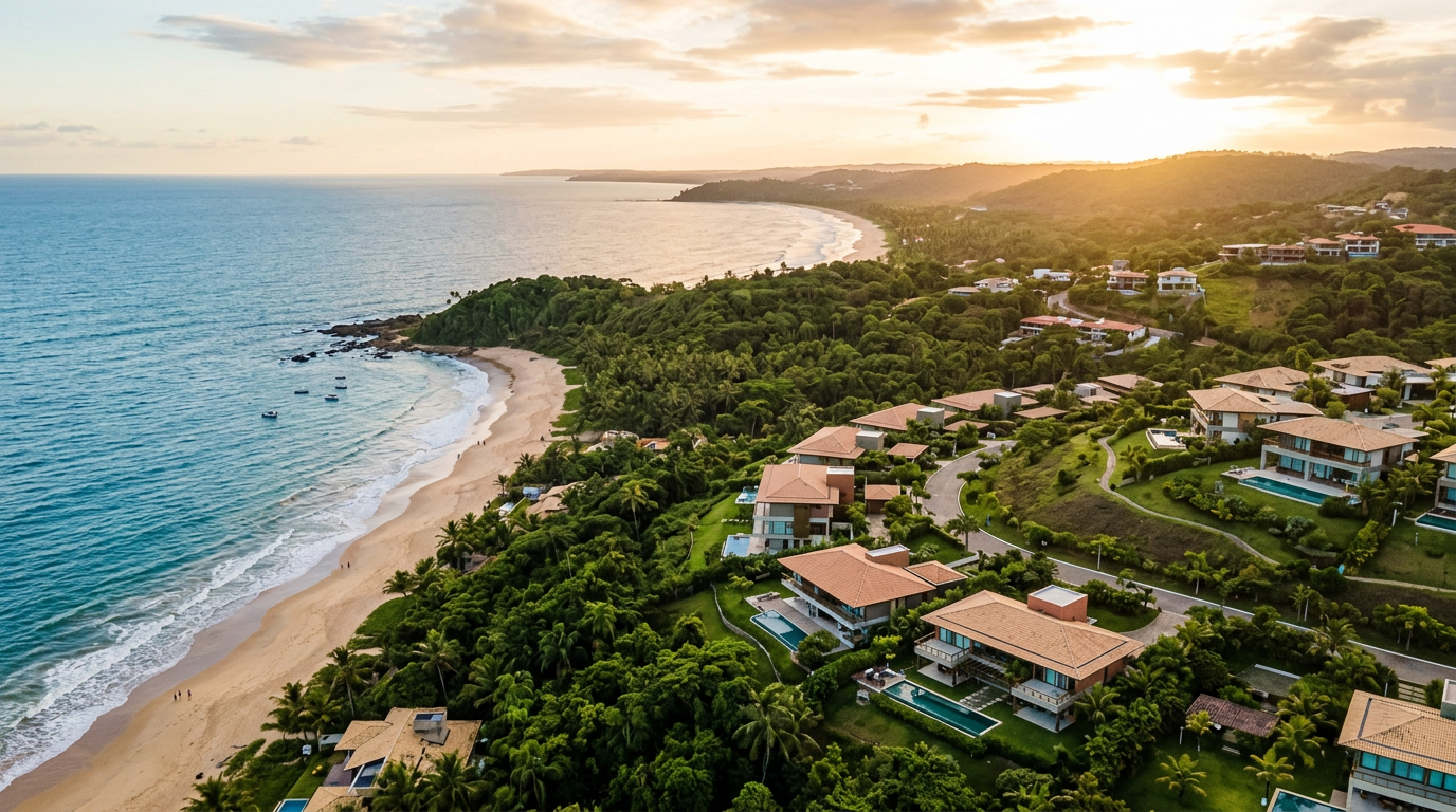 Vista aérea das praias do sul de Ilhéus, destacando a integração entre natureza e empreendimentos imobiliários.