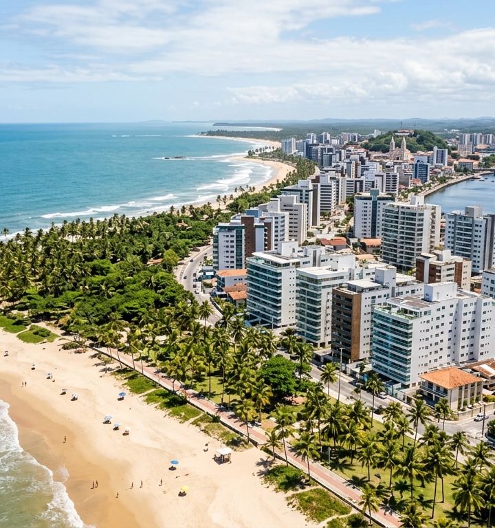 Vista aérea da orla de Ilhéus, Bahia, destacando o desenvolvimento imobiliário e a natureza.
