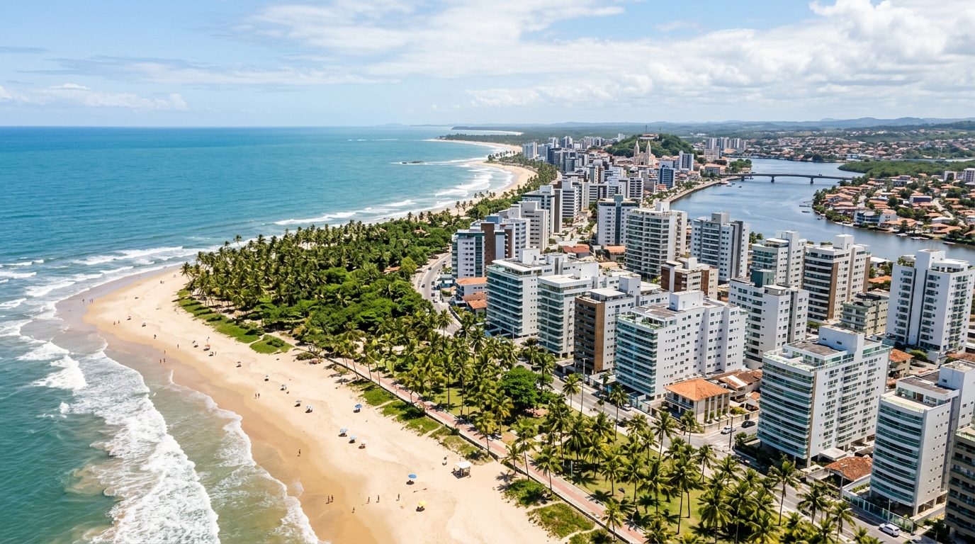 Vista aérea da orla de Ilhéus, Bahia, destacando o desenvolvimento imobiliário e a natureza.