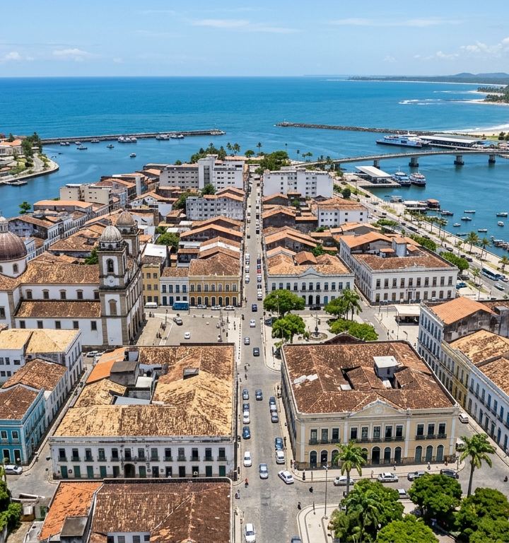 Vista panorâmica do centro de Ilhéus com construções históricas e o mar ao fundo.