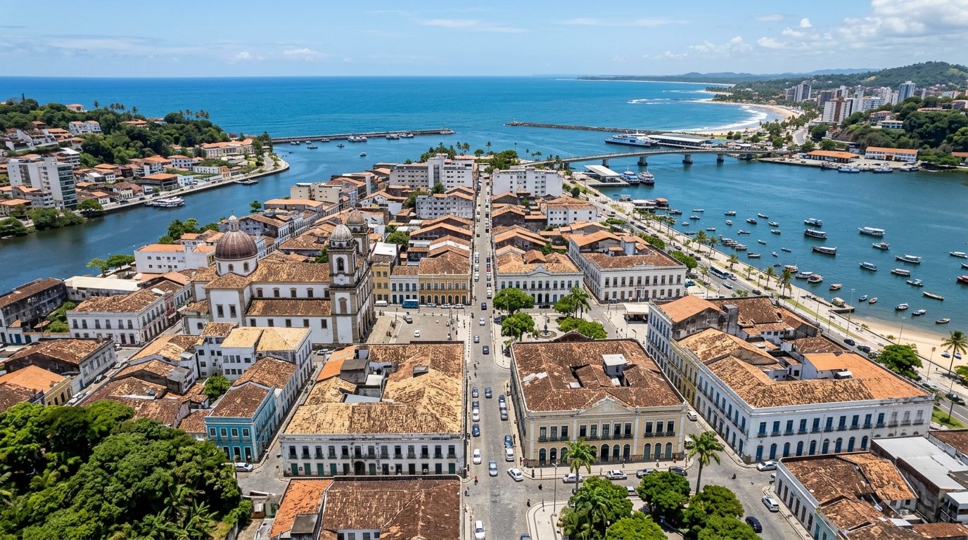 Vista panorâmica do centro de Ilhéus com construções históricas e o mar ao fundo.