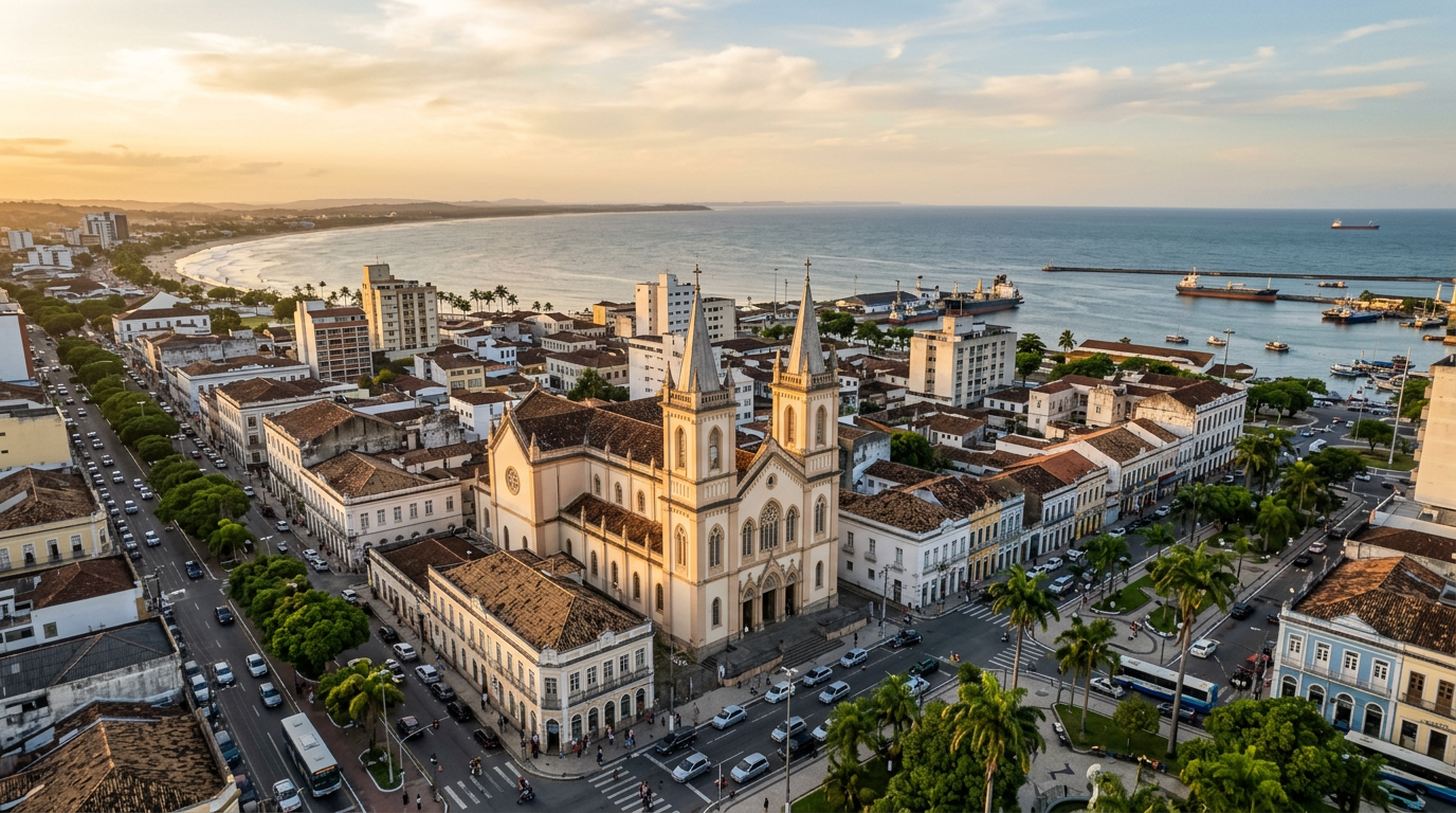 Vista do centro histórico de Ilhéus com a Catedral de São Sebastião ao fundo.
