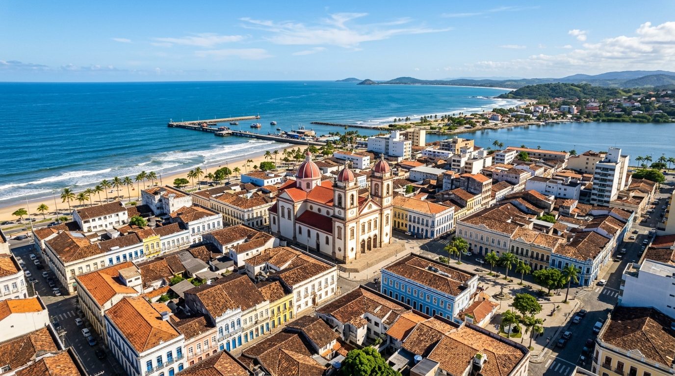 Centro histórico de Ilhéus com a Catedral de São Sebastião e o mar ao fundo.