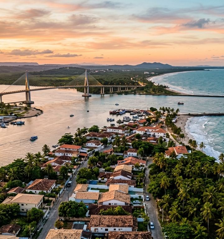 Vista panorâmica do bairro Pontal em Ilhéus com a ponte Jorge Amado ao fundo.