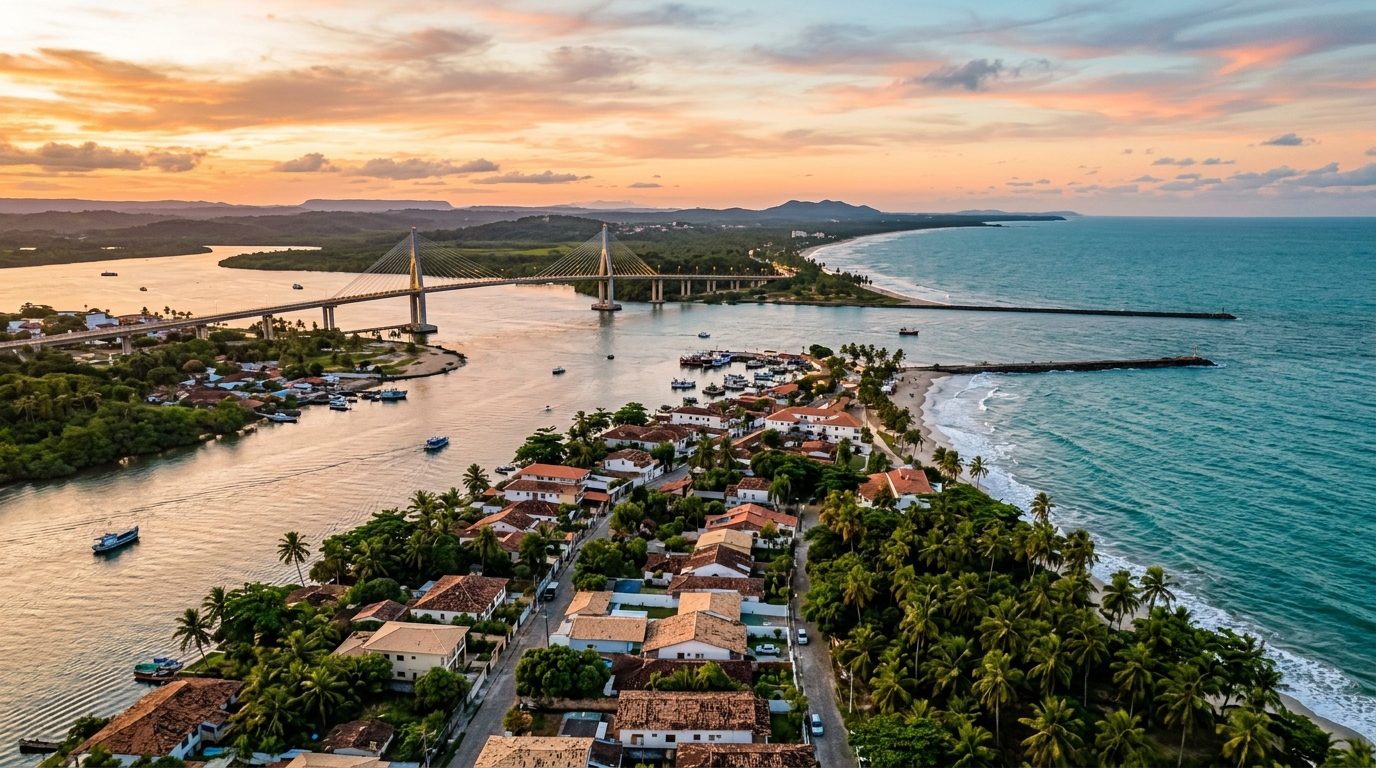 Vista panorâmica do bairro Pontal em Ilhéus com a ponte Jorge Amado ao fundo.