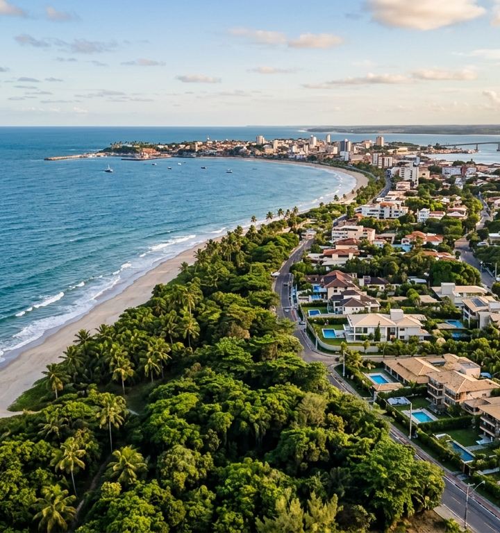 Vista aérea da orla de Ilhéus, Bahia, destacando o desenvolvimento urbano e a proximidade com o mar.