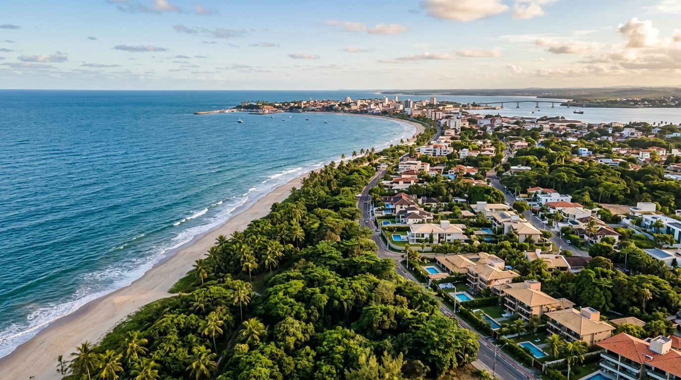 Vista aérea da orla de Ilhéus, Bahia, destacando o desenvolvimento urbano e a proximidade com o mar.