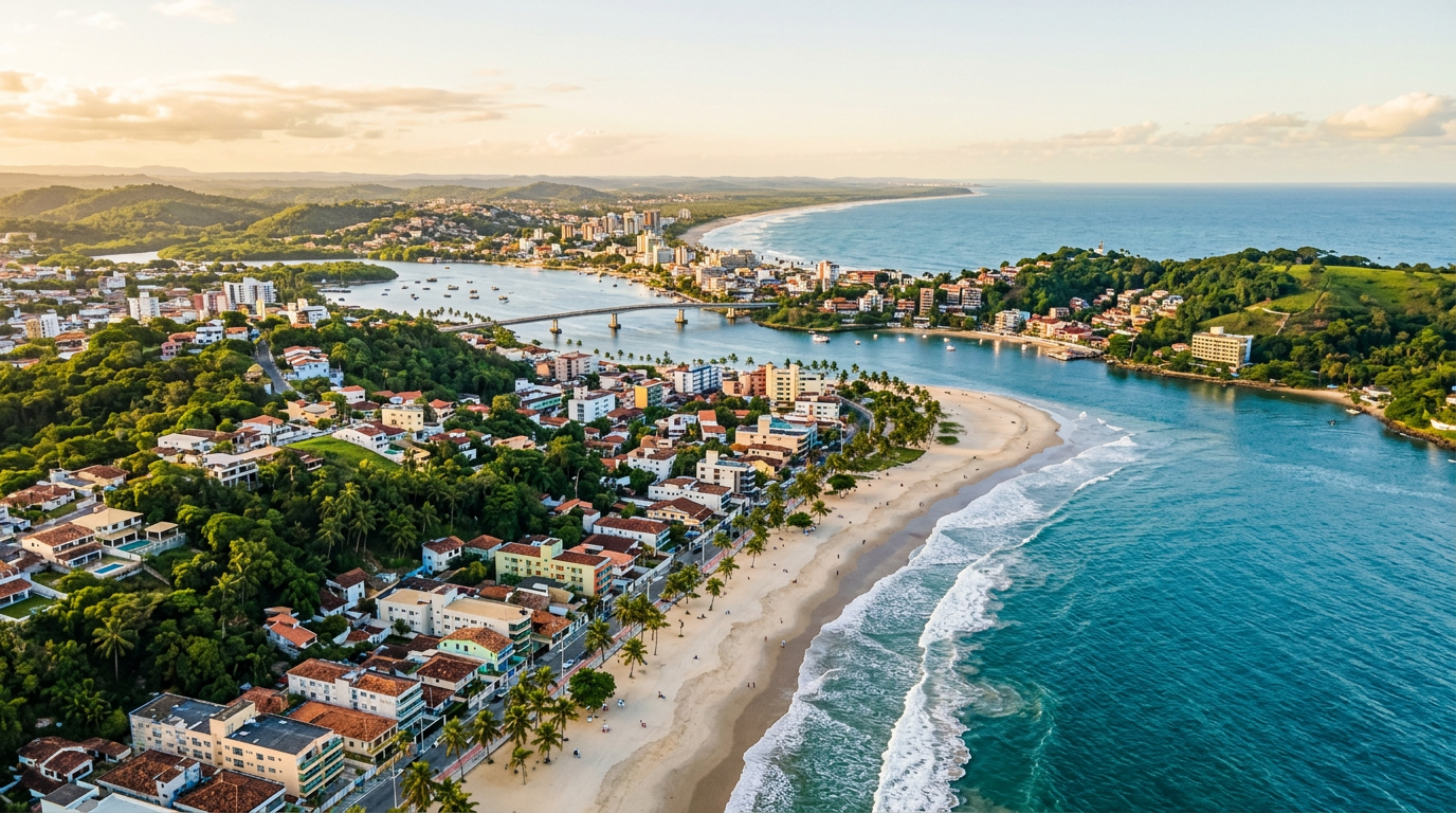 Vista panorâmica da orla e da cidade de Ilhéus, Bahia, destacando o desenvolvimento urbano e a proximidade com o mar.