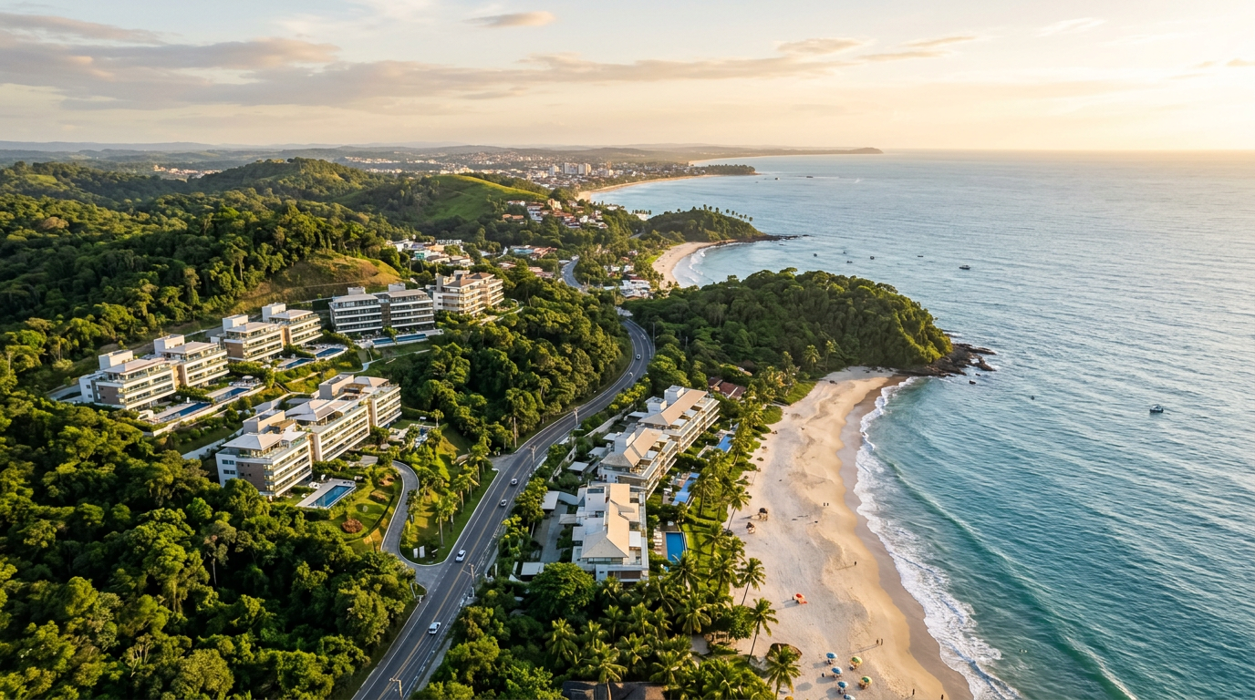 Vista aérea da costa de Ilhéus destacando a integração entre natureza e novos empreendimentos imobiliários.