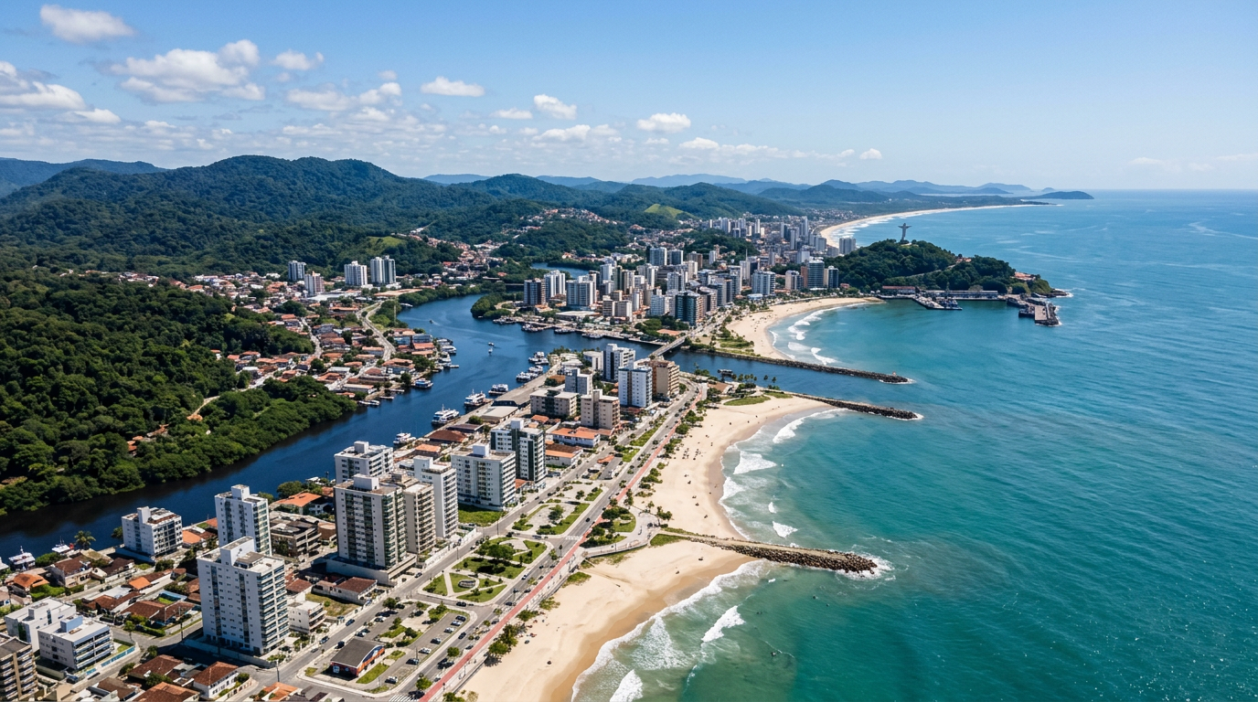 Vista panorâmica da orla de Ilhéus com infraestrutura urbana e mar ao fundo.