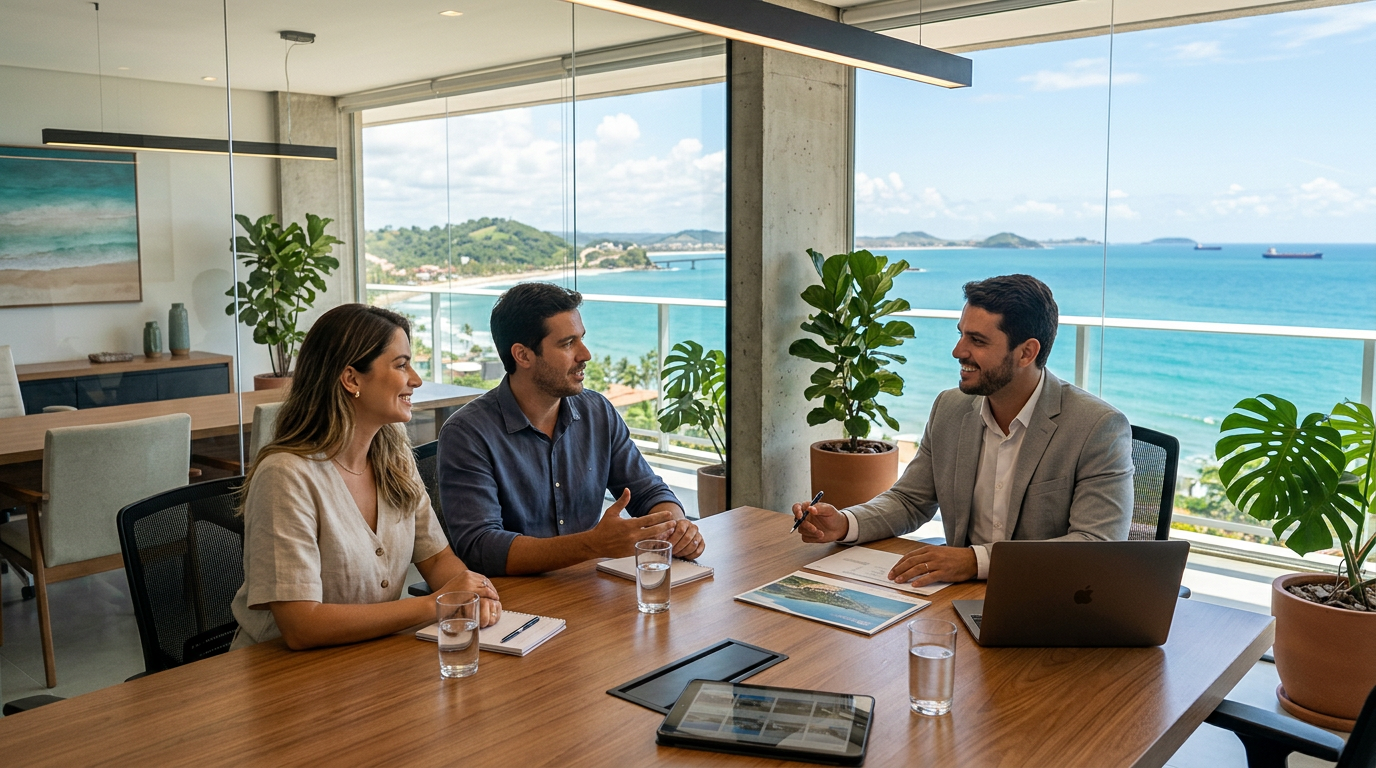 Corretor de imóveis orientando clientes sobre proposta de compra de imóvel em Ilhéus
