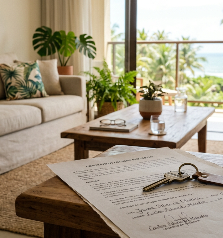 Contrato de locação imobiliária com chaves sobre a mesa.