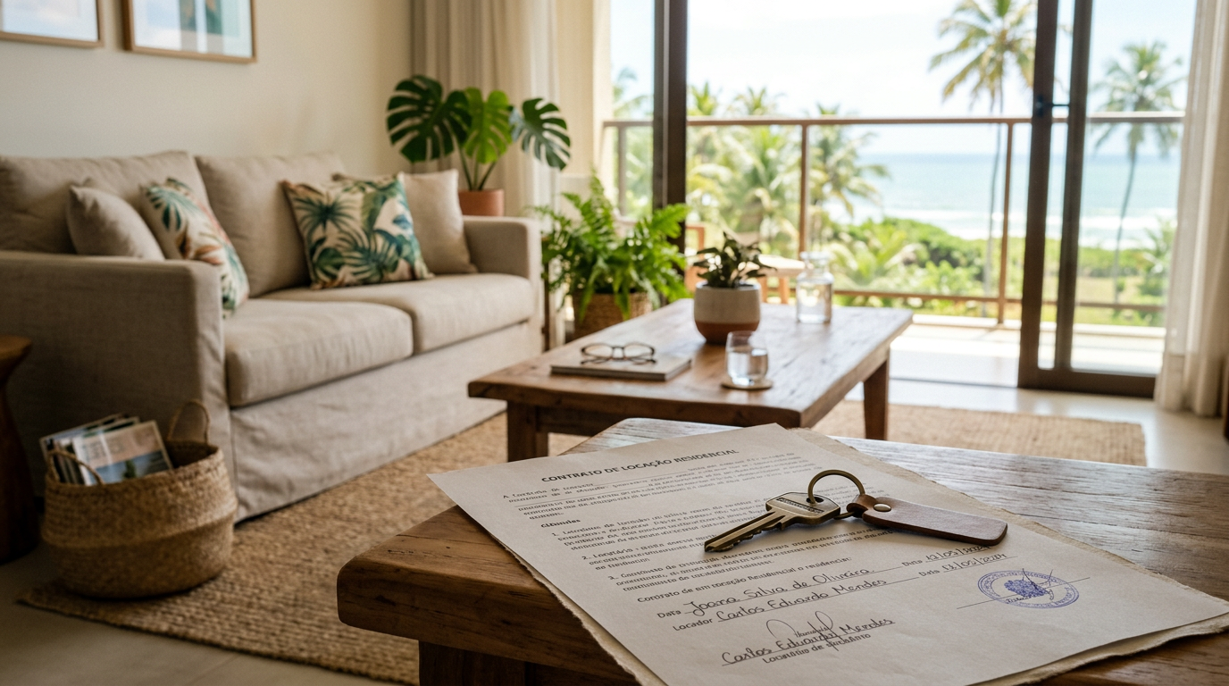 Contrato de locação imobiliária com chaves sobre a mesa.