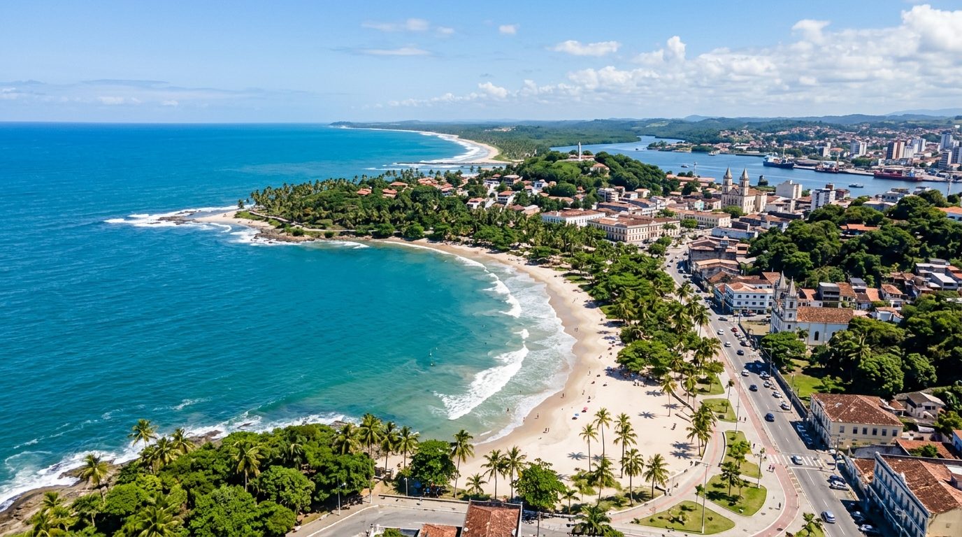 Vista panorâmica da orla de Ilhéus, Bahia, destacando o potencial imobiliário da região.