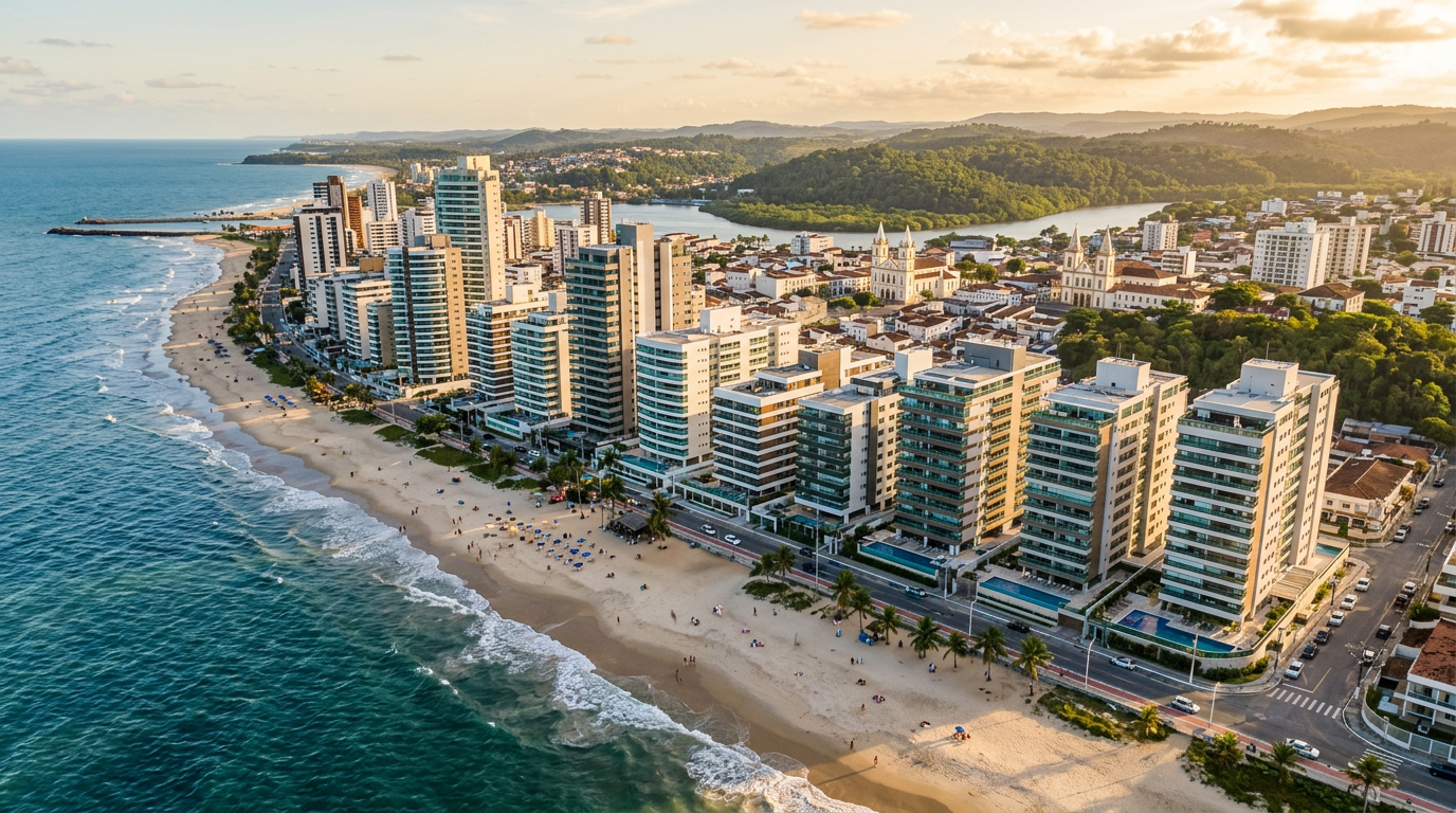 Vista aérea da orla de Ilhéus, Bahia, destacando o desenvolvimento imobiliário local.