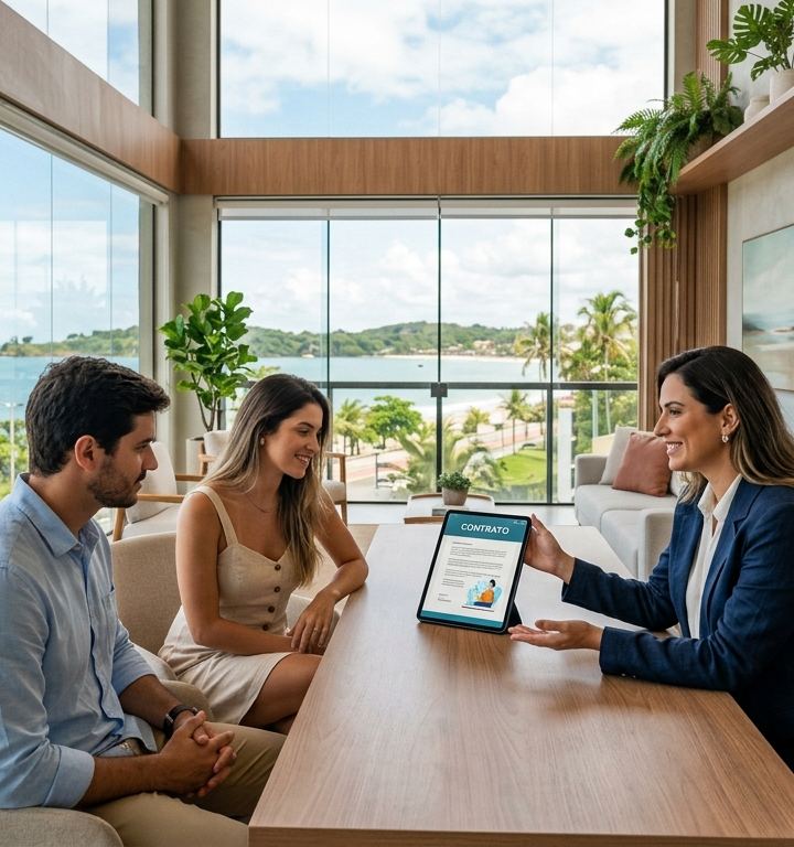 Corretor de imóveis utilizando tecnologia digital para apresentar contrato a clientes em Ilhéus